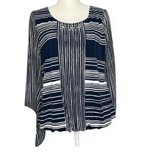 Alfani Embellished Angle Sleeve Striped Blouse Navy White Women’s Size Petite M